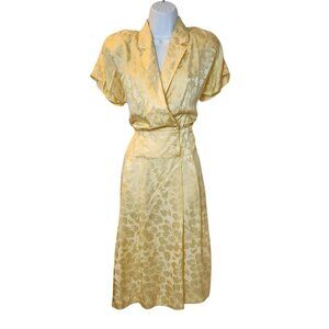 Silk Studio Petites Dress 8 Yellow 100% Silk Floral Midi Shoulder Pads Vintage